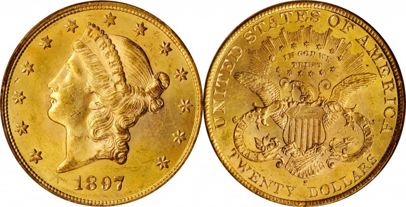 1897-S Liberty Head Double Eagle. MS-63 (PCGS).

Warmly patinated in honey-ora...