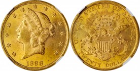 1898 Liberty Head Double Eagle. MS-62 (NGC).

Blended pale rose and medium orange-gold patina greets the viewer from both sides of this frosty, shar...