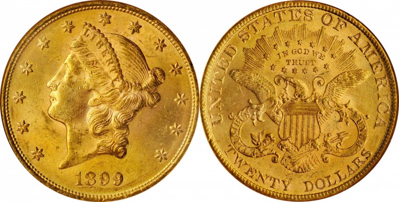 1899 Liberty Head Double Eagle. MS-63 (NGC).

Handsome golden-orange surfaces ...