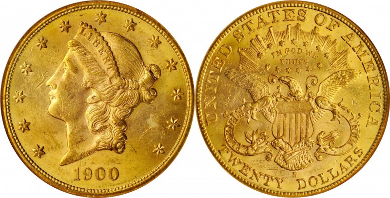 1900-S Liberty Head Double Eagle. MS-62 (NGC).

Lustrous orange-gold surfaces ...