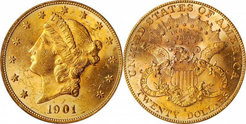 1901-S Liberty Head Double Eagle. MS-62 (PCGS).

Blended pinkish-gold and ligh...