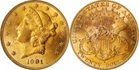 1901-S Liberty Head Double Eagle. MS-62 (PCGS).

Blended pinkish-gold and light rose patina engages the viewer from highly lustrous, frosty textured...