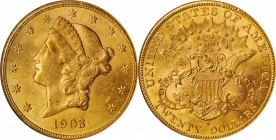 1903-S Liberty Head Double Eagle. MS-63 (NGC).

Frosty medium orange-gold surfaces with a sharply executed strike. The San Francisco Mint produced 9...