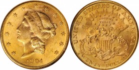 1904-S Liberty Head Double Eagle. MS-63 (NGC).

Lovely rose-orange surfaces are fully lustrous, sharply struck and visually appealing. The mintage f...