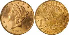 1905-S Liberty Head Double Eagle. MS-63 (PCGS).

Frosty rose-gold surfaces with a sharp strike and strong eye appeal. The San Francisco Mint deliver...