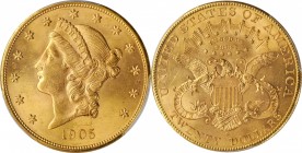 1905-S Liberty Head Double Eagle. MS-62 (PCGS). CAC.

This example exhibits appealing rose gold patina and surprisingly smooth surfaces at the assig...