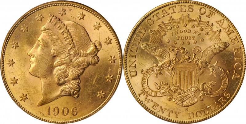 1906-S Liberty Head Double Eagle. MS-63 (PCGS).

Frosty rose-gold surfaces are...