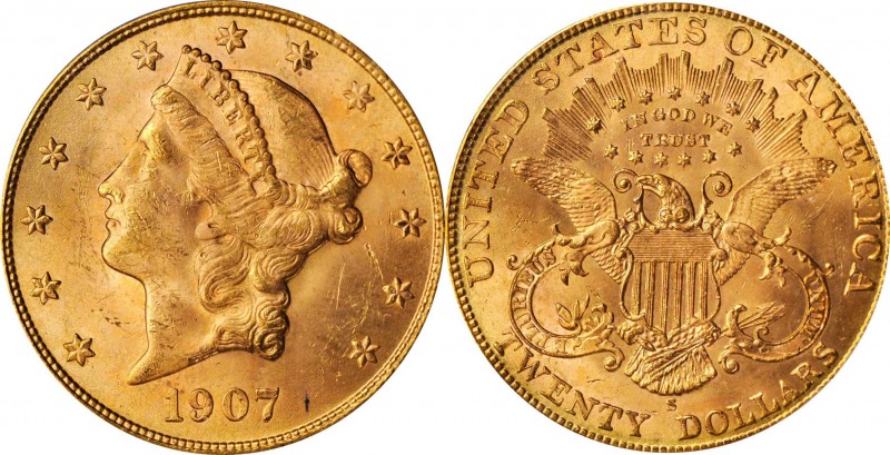 1907-S Liberty Head Double Eagle. MS-62 (PCGS).

Beautiful rose-gold patina bl...