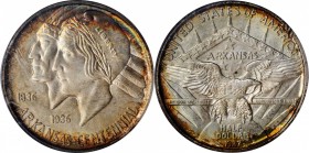 1937-D Arkansas Centennial. MS-67 (PCGS).

Vivid toning in iridescent cobalt blue, salmon pink and reddish-copper encircles the peripheries of this ...