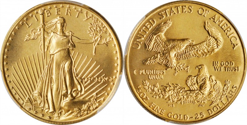 1991 Half-Ounce Gold Eagle. MS-69 (PCGS).

Splendid medium gold surfaces with ...