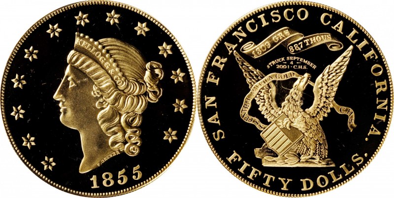 "1855" Kellogg & Co. $50. Commemorative Restrike. Struck September 4, 2001. Gem ...