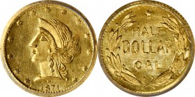 1871-H Round 50 Cents. BG-1046. Rarity-7-. Liberty Head. MS-64 (PCGS).

An incredibly rare jewel from the California Fractional Gold series with per...