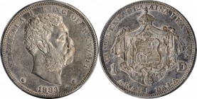 1883 Hawaii Dollar. Medcalf-Russell 2CS-5. AU-50 (PCGS).

Original mint luster is noted in the protected lettering around the peripheries of this mo...