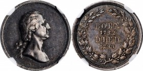 Washingtoniana

"1799" (ca. 1862) U.S. Mint Born and Died Medalet. Paquet P Obverse, Third Wreath Reverse. Silver. 18 mm. Musante GW-445, Baker-155A...