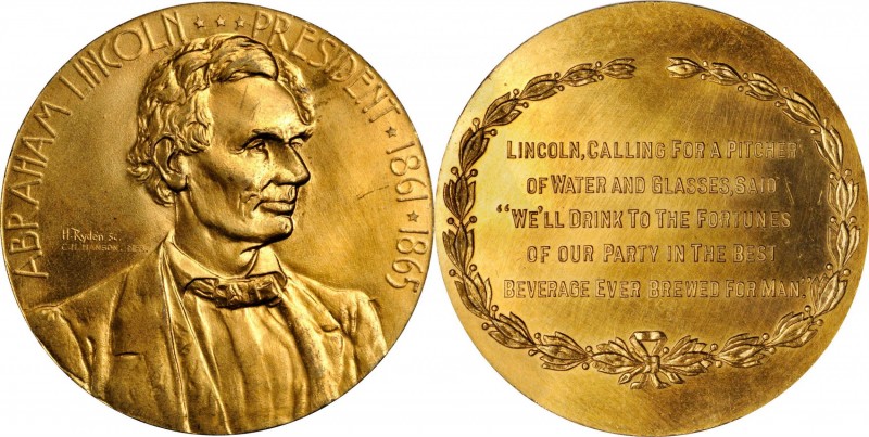 Lincolniana

"1861-1865" (1909) Abraham Lincoln Temperance Medal. Gilt Bronze....