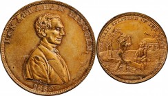 Political Medals and Related

1860 Abraham Lincoln Political Medal. DeWitt-AL 1860-41, Cunningham 1-500C, King-38. Copper. Plain Edge. 28 mm. Mint S...