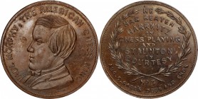 Augustus B. Sage Medals

Undated (1858) Sage's Odds and Ends -- No. 3, Paul Morphy. Original. Bowers-3. Die State I. Copper. Plain Edge. 30.8 mm. Mi...