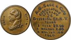Augustus B. Sage Medals

1860 A.B. Sage & Co. Store Card. Miller-NY 759, Musante GW-335, Baker-571B. Brass. Plain Edge. 20.5 mm. Extremely Fine.

...