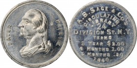 Augustus B. Sage Medals

1860 A.B. Sage & Co. Store Card. Miller-NY 760, Musante GW-335, Baker-571C. White Metal. Plain Edge. 20.5 mm. Mint State.
...
