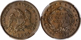 Hard Times Tokens

1837 Half Cent. HT-73, Low-49, W-11-710a. Rarity-1. Copper. Plain Edge. 23.5 mm. AU-53 (PCGS).
