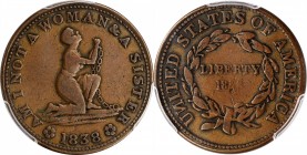 Hard Times Tokens

1838 Am I Not A Woman. HT-81, Low-54, W-11-720a. Rarity-1. Copper. Plain Edge. 28.3 mm. VF-25 (PCGS).