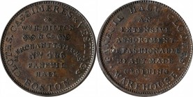 Hard Times Tokens

Massachusetts--Boston. Undated (1835-1844) Wm. H. Milton & Co. HT-165, Low-267, W-MA-100-10a. Rarity-4. Copper. Plain Edge. 28.5 ...