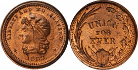 Patriotic Civil War Tokens

1863 Cloaked Head / Union For Ever. Fuld-36/271 a. Rarity-3. Copper. Plain Edge. 20.5 mm. Choice Mint State.

Collecto...