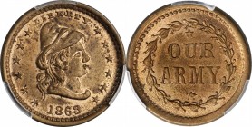 Patriotic Civil War Tokens

1863 Conical Cap Head / Our Army. Fuld-45/332 d. Rarity-6. Copper-Nickel. Plain Edge. 19 mm. MS-64 (PCGS).