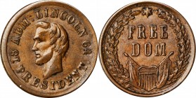 Patriotic Civil War Tokens

1864 Abraham Lincoln / Free Dom. Fuld-125/294 a, Cunningham 5-410C, King-200, DeWitt-AL 1864-48. Rarity-7. Copper. Plain...