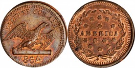 Patriotic Civil War Tokens

1864 Eagle on Cannon / America. Fuld-160/417 a. Rarity-4. Copper. Plain Edge. 19.5 mm. Mint State.

Collector tag with...