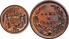 Patriotic Civil War Tokens

1863 Shield with Eagles / Army & Navy. Fuld-167/318 a. Rarity-5. Copper. Plain Edge. 19 mm. Mint State.

Collector tag...