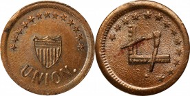 Patriotic Civil War Tokens

Undated (1861-1865) Masonic Emblems / Shield. Fuld-251/345 a. Rarity-5. Copper. Plain Edge. 20 mm. Mint State.

Collec...