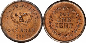 Patriotic Civil War Tokens

1863 Perched Eagle, One Dram / Not One Cent. Fuld-286/382 ao. Rarity-7. Copper. Plain Edge. 21 mm--Overstruck on Civil W...
