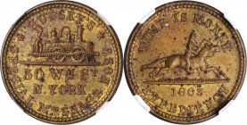 Civil War Store Cards

New York--New York. 1863 Hussey's Special Message Post. Fuld-630AK-2b. Rarity-9. Brass. Plain Edge. 19 mm. MS-62 (NGC).
