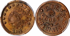 Civil War Store Cards

Ohio--Cincinnati. 1863 D.B.S. (David Benjamin Sterritt). Fuld-165FY-2a. Rarity-6. Copper. Plain Edge. 19 mm. MS-62 BN (PCGS).
