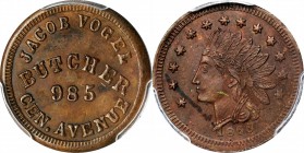 Civil War Store Cards

Ohio--Cincinnati. 1863 Jacob Vogel. Fuld-165GE-3a. Rarity-7. Copper. Plain Edge. 19 mm. MS-62 BN (PCGS).
