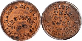 Civil War Store Cards

Pennsylvania--Allegheny City. Undated (1861-1865) Hahn & Riddle. Fuld-13D-3a. Rarity-5. Copper. Plain Edge. 19.5 mm. MS-63 RB...