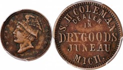 Civil War Store Cards

Wisconsin--Juneau. Undated (1861-1865) Silas H. Coleman. Fuld-320A-2a. Rarity-7. Copper. Plain Edge. 19 mm. EF Details--Envir...