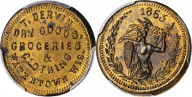 Civil War Store Cards

Wisconsin--Watertown. 1863 Thomas Dervin. Fuld-920D-3b. Rarity-8. Brass. Plain Edge. 19 mm. MS-63 (PCGS).