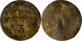 Sutler Tokens

New York. 3rd New York Cavalry. R.S. Parker. 5 Cents. Schenkman NY-3-5B (NY-B5B). Rarity-9. Brass. 16.5 mm. Very Fine, Bent.

Colle...
