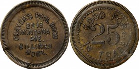 Late 19th and 20th Century Tokens

Montana--Billings. Craven's Pool Room. Good for 25 Cents in Trade. Rubick-R6. Brass. Plain Edge. 26 mm. Very Fine...