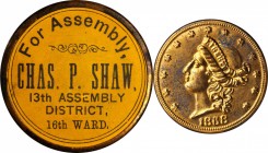 Shell Cards

New York--New York. 1868 Chas. P. Shaw For Assembly. Bowers-NY-7520, Rulau-590. Gilt Brass. 34.5 mm. Mint State, Obverse Carbon Spots....