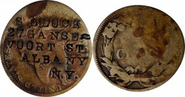 Counterstamps

New York--Albany. S GLOCK / 27 GANSE- / VOORT ST. / ALBANY / N.Y. on the obverse of an 1857 Flying Eagle cent. Brunk G-309, Rulau NY-...