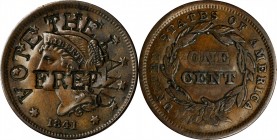 Counterstamps

VOTE THE LAND FREE on the obverse of an 1841 Braided Hair cent. Brunk V-110, HT-833, DeWitt-MVB 1848-3. Host coin Extremely Fine.

...