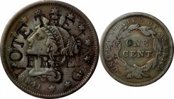 Counterstamps

VOTE THE LAND FREE on the obverse of an 1841 Braided Hair cent. Brunk V-110, HT-833, DeWitt-MVB 1848-3. Host coin Very Fine, Cleaned....