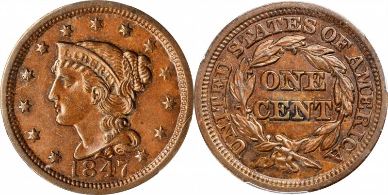 Braided Hair Cent

1847 Braided Hair Cent. N-38, 16. Rarity-1. MS-63 BN (PCGS)...