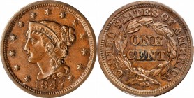 Braided Hair Cent

1847 Braided Hair Cent. N-38, 16. Rarity-1. MS-63 BN (PCGS).

PCGS# 1877. NGC ID: 226D.