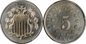 Shield Nickel

1880 Shield Nickel. Proof-65 Cameo (PCGS).

PCGS# 83835. NGC ID: 276W.