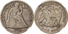 Liberty Seated Silver Dollar

1868 Liberty Seated Silver Dollar. OC-5. Rarity-3-. VG-10 (NGC).

PCGS# 6961. NGC ID: 24ZB.

Ex Stack's West 57th ...