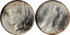 Peace Silver Dollar

1923-D Peace Silver Dollar. MS-64 (PCGS). CAC.

PCGS# 7361. NGC ID: 257G.

From the Q. David Bowers Collection.